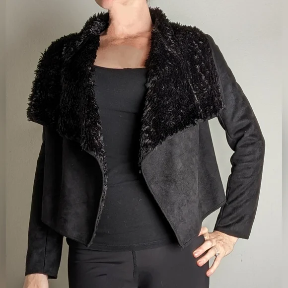 Black suede shearling cropped jacket, vintage style, Pico 1988 size S - Picture 1 of 16